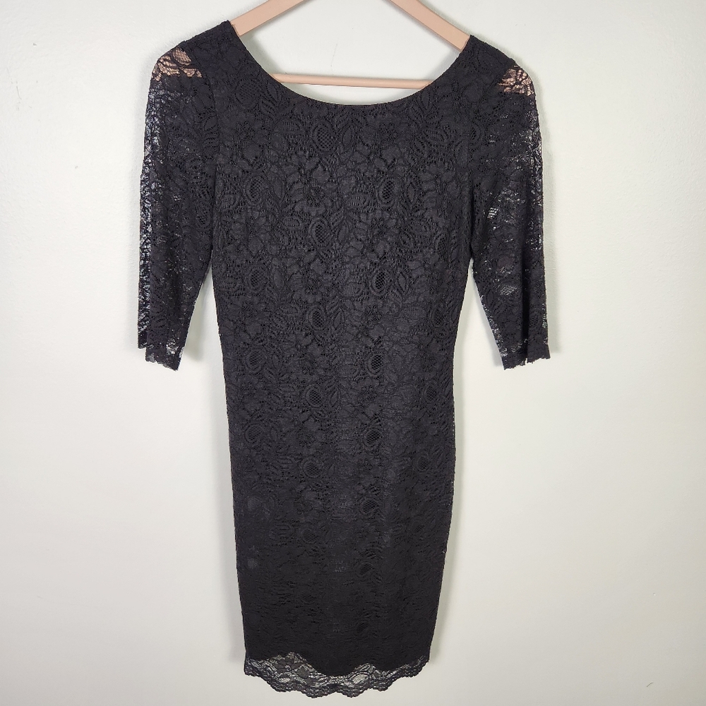 NWOT Banana Republic Black Lace Sheath Dress 3/4 Sleeve Scallop Hem Size 0 #0603